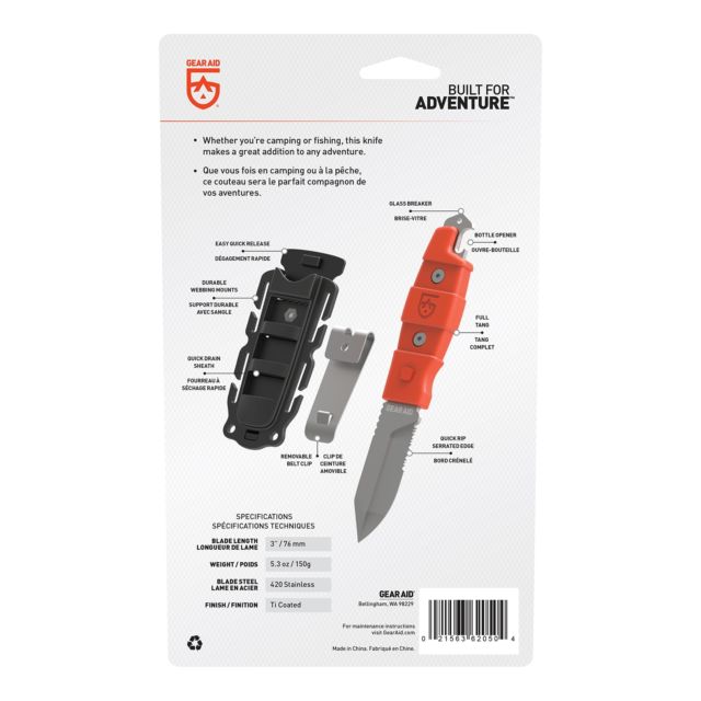 Back of the Gear Aid Buri Adventure Multipurpose Knife product packaging highlighting the different specifications and with the description 'Built for adventure' at the top.