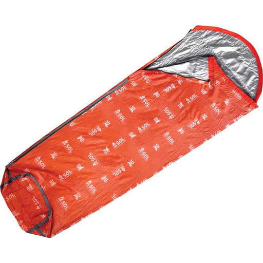 Escape Pro Bivvy, showcasing the heat reflective internal layer and the waterproof outershell in orange with the SOL logo printed all over the bag.