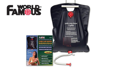 World Famous Jumbo Camp Shower with shower spout. The valves are a red colour and the water bag is black.