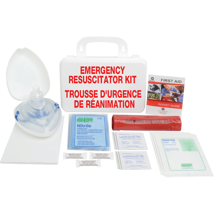 Emergency Resuscitator Kit 'Trousse D'urgence De Reanimation' with the resuscitator, guaze pads, sanitizing sachets, nitrile, smelling salts, and a dressing disposal bag laid out on a white background.