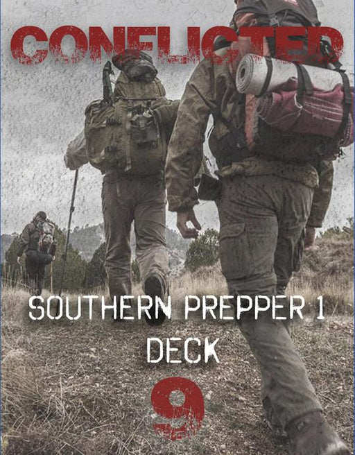 Conflicted Deck 9: Southern Prepper 1 front cover with three people wearing hiking backpacks and boots walking through the backwoods.