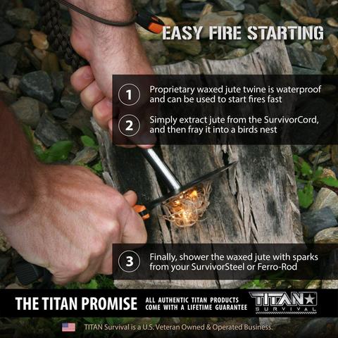 Titan Paracord Survival Bracelet | Made with Patented SurvivorCord (550 Paracord, Fishing Line, Snare Wire, and Waxed Jute for Fires)