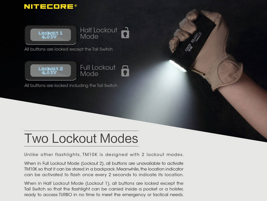 Two lockout modes of the Nitecore TM10K flashlight. The lockout modes lock the buttons from functioning.