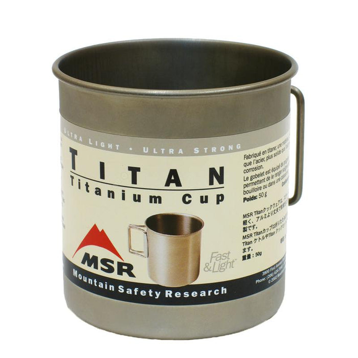 'Titan Titanium Cup' from Mountain Safety Research, the text is printed on a label wrapped around the cup.