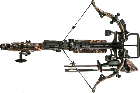 top down view of the assassin 420 TD re-curvecrossbow with 2 proflight premium arrows