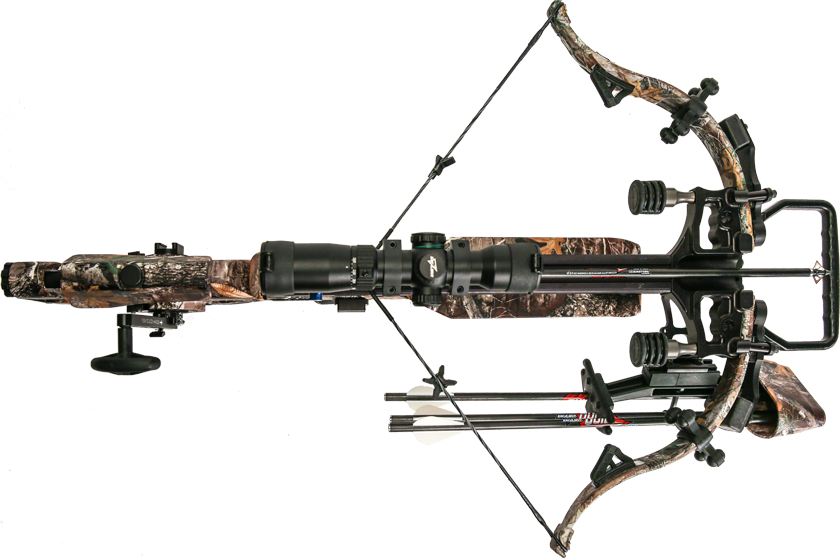 top down view of the assassin 420 TD re-curvecrossbow with 2 proflight premium arrows