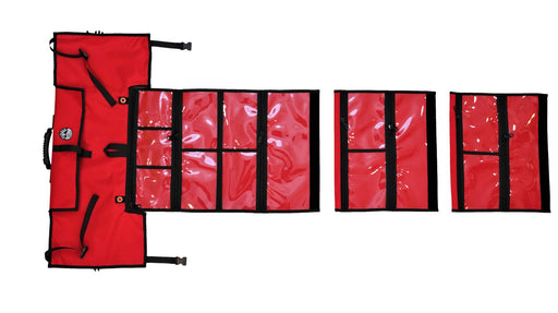 The First Aid Red coloured Bug Out Roll system with 4 organization mods zippered together, and a pair of 3 panel mods detached from the pack.